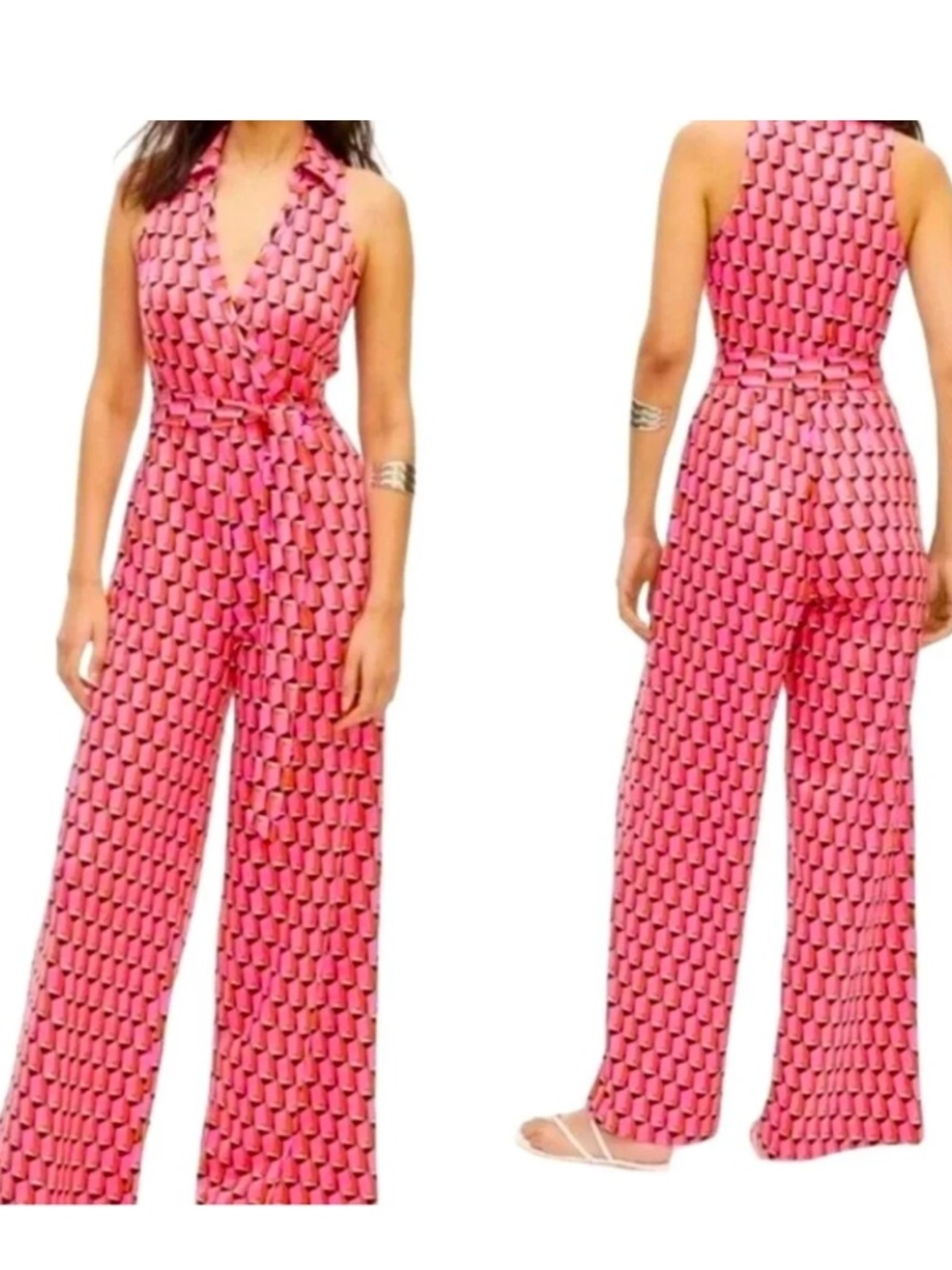 Diane von Furstenberg DVF Pink Geometric Wrap Wide Leg Jumpsuit Size XXS